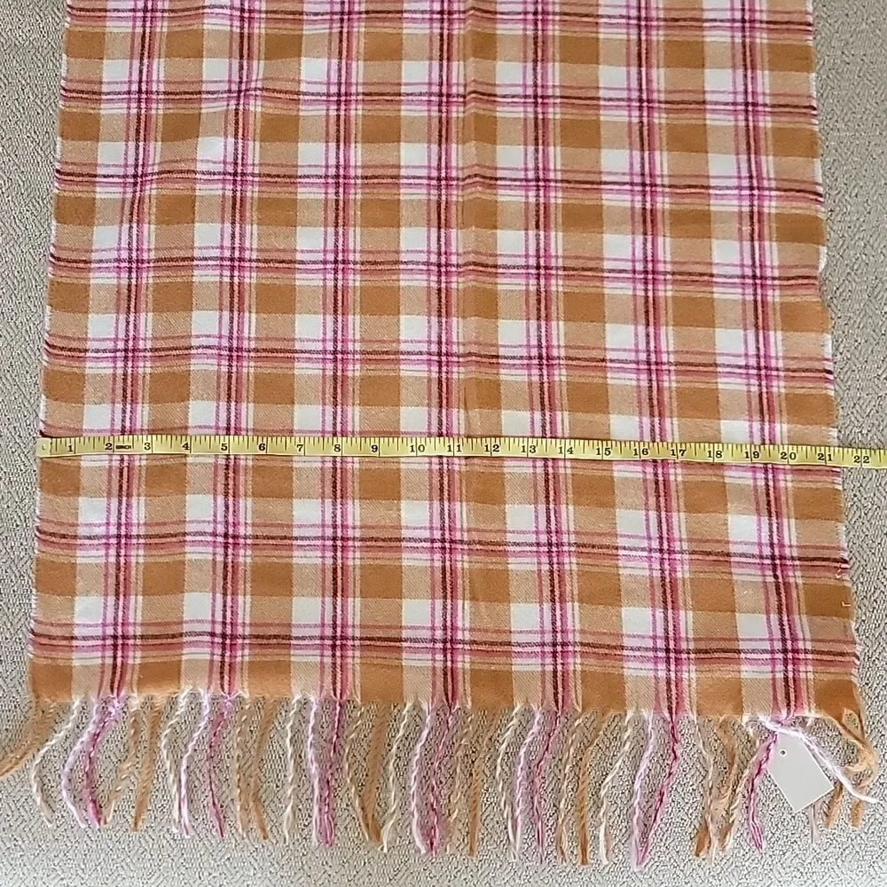 LOFT Outlet Plaid Cream Caramel Brown Pink Maroon Fringed Hem Winter Scarf
